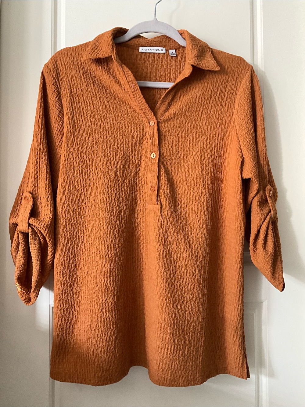NOTATIONS Rust Orange Textured Button Up Blouse Women Size [M} Casual Work Top